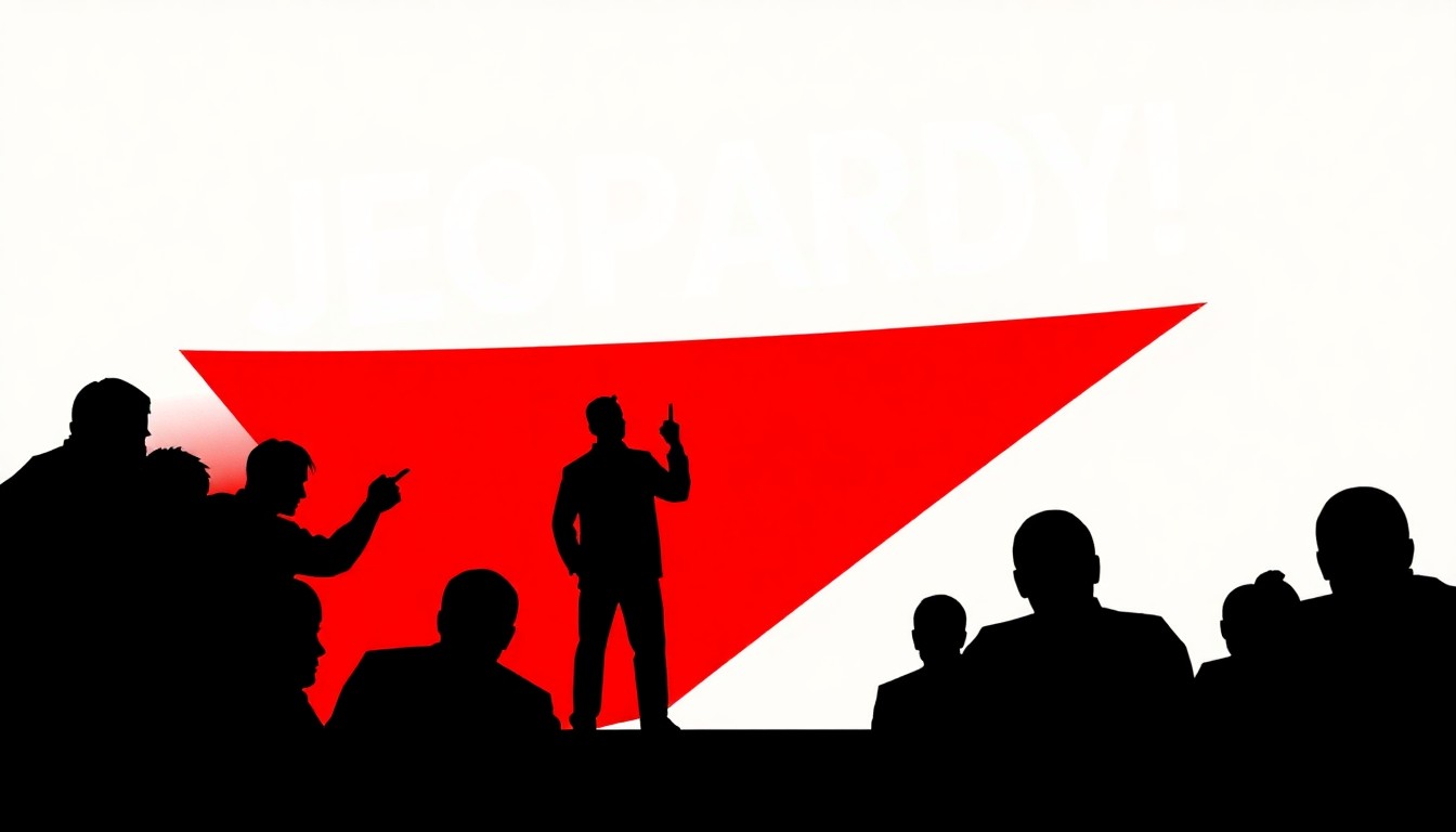 An abstract, minimalist composition featuring bold, jagged shapes and high-contrast colors, conceptually representing the dramatic elimination of a beloved 'Jeopardy!' contestant.