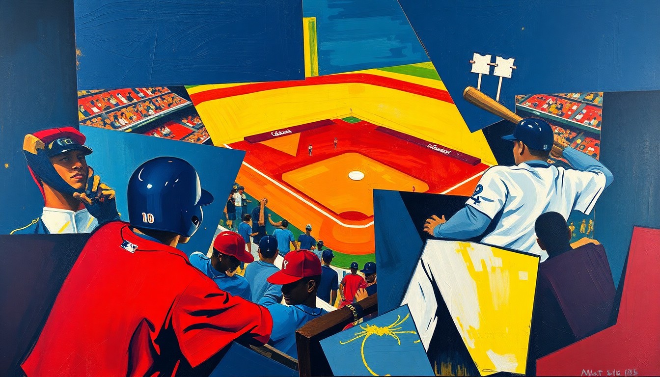 A cubist, geometric painting depicting a baseball player in motion, with sharp planes of color and overlapping perspectives conveying the dynamic energy of the sport.