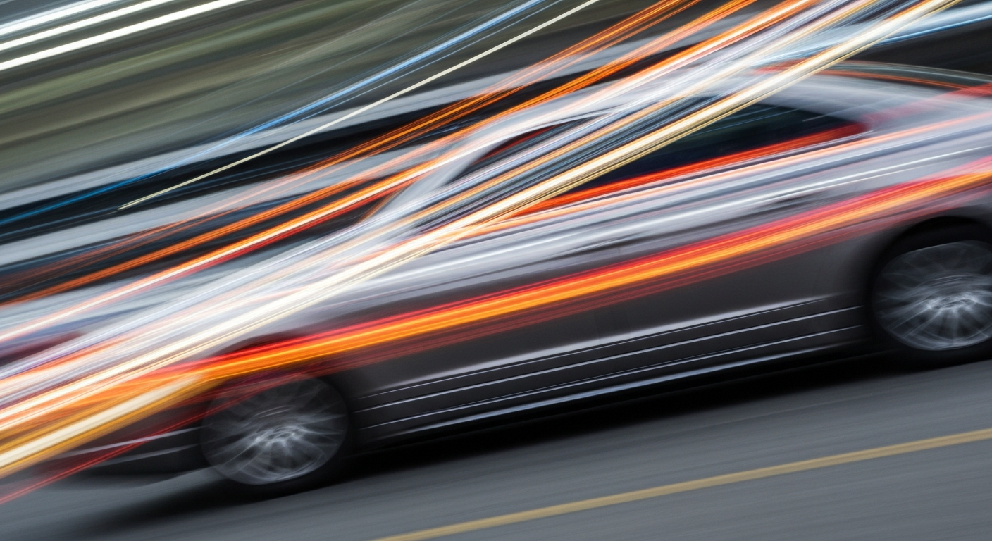 An abstract, blurred image of a moving car, conveying a sense of speed, modern engineering, and travel through sweeping brushstrokes of vibrant color.