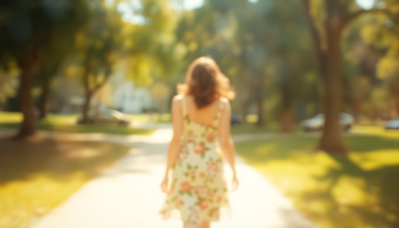 An impressionistic, out-of-focus photograph of a woman in a floral dress walking through a sunlit park, with soft pools of warm light and color creating a dreamlike, atmospheric scene.
