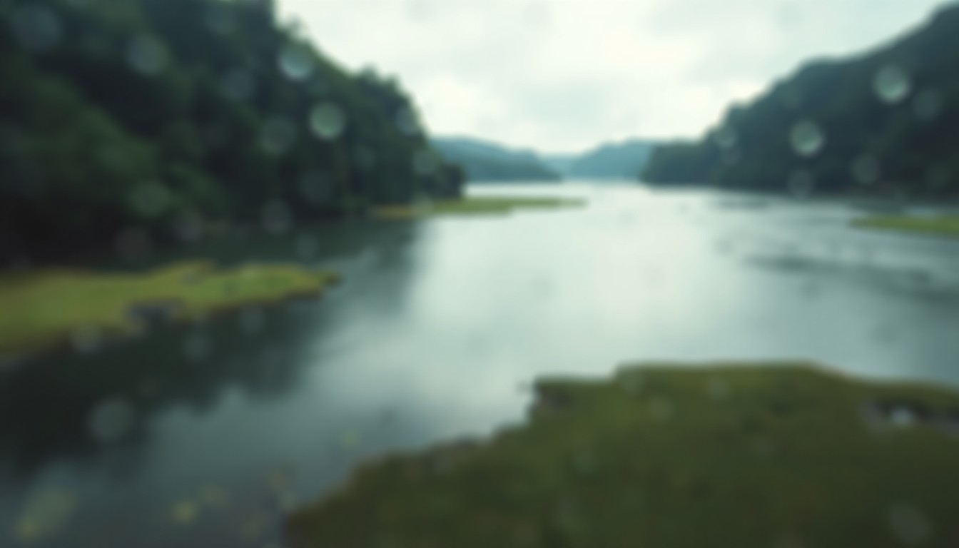 An extremely blurred, impressionistic photograph of a peaceful river scene, with soft green shorelines and muted reflections of the sky, conveying a sense of tranquility and the importance of environmental stewardship.