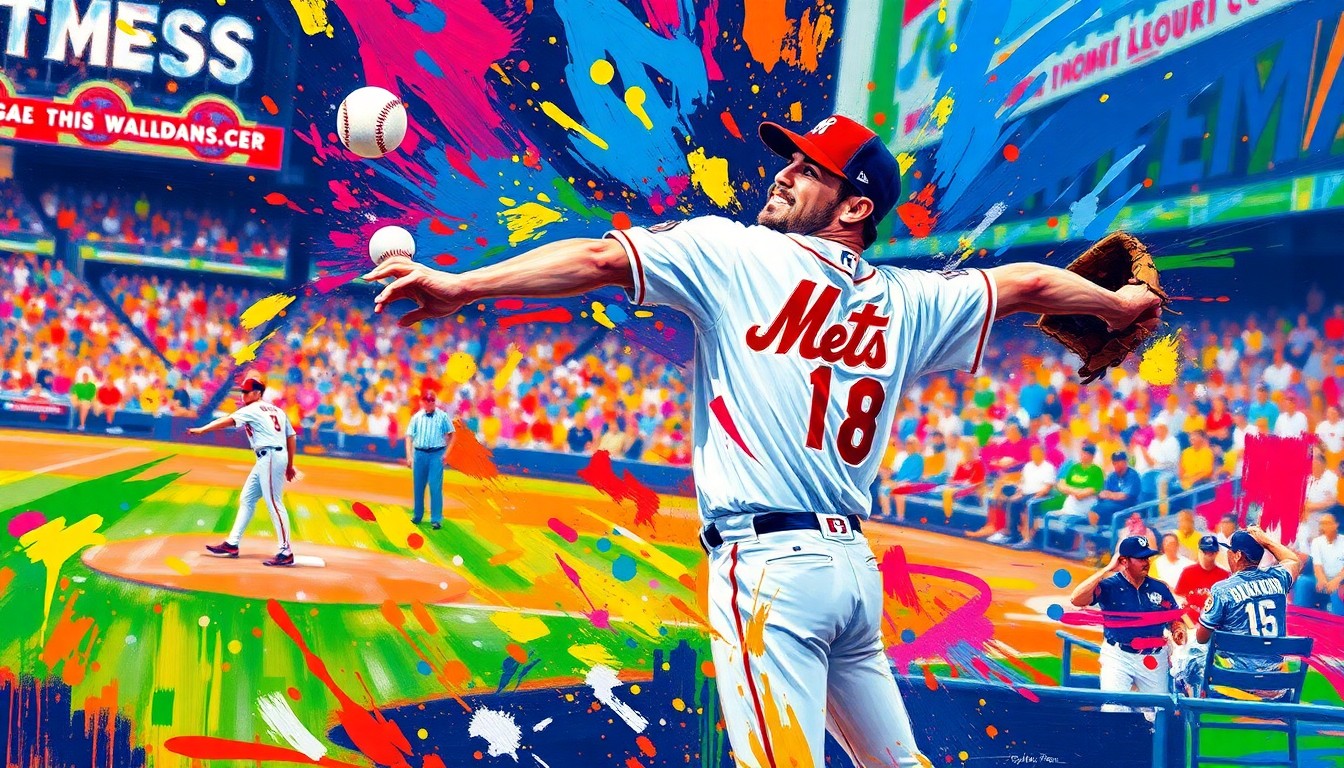An energetic, expressionist painting in neon colors depicting the motion of a baseball being thrown, with the pitcher's form and the ball itself dissolving into vibrant, abstract brushstrokes.