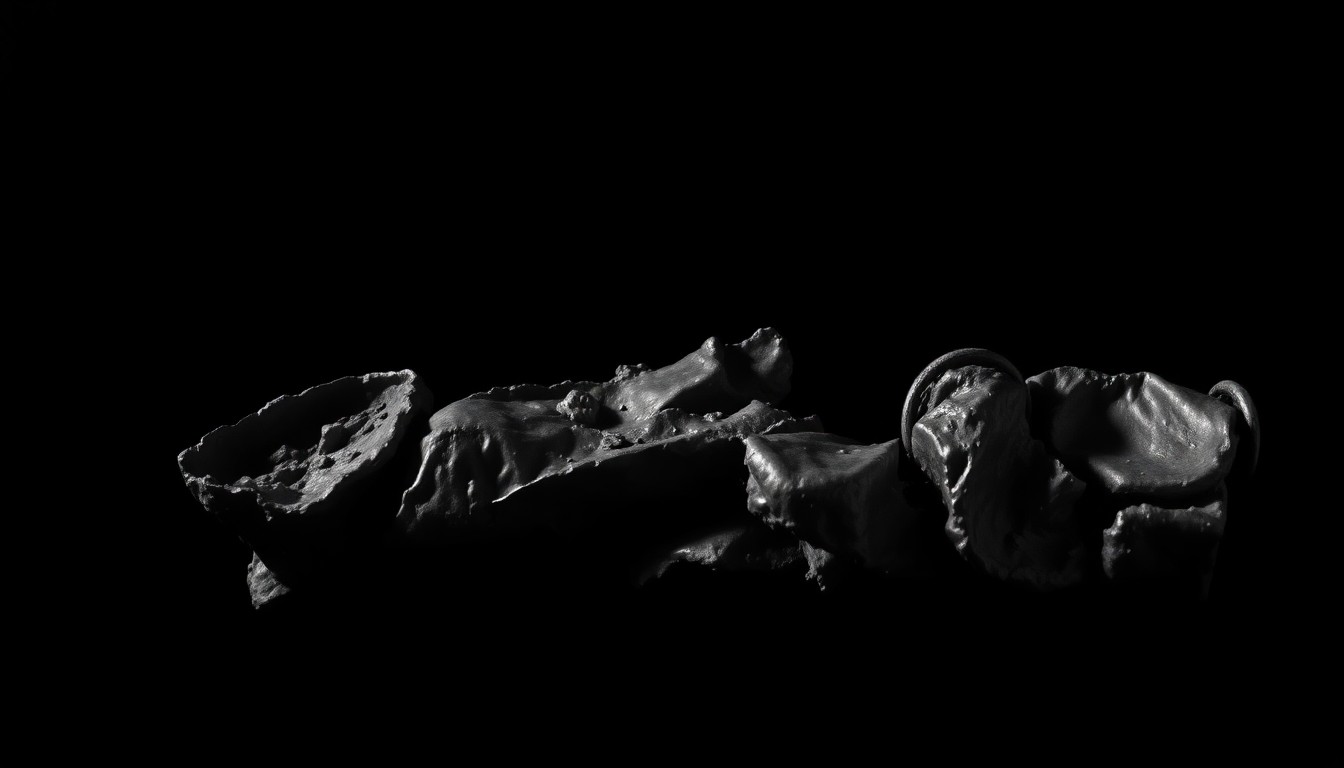 An extreme close-up of a twisted, mangled metal fragment from the crashed migrant smuggling truck, capturing the stark, gritty aftermath of the tragic incident.