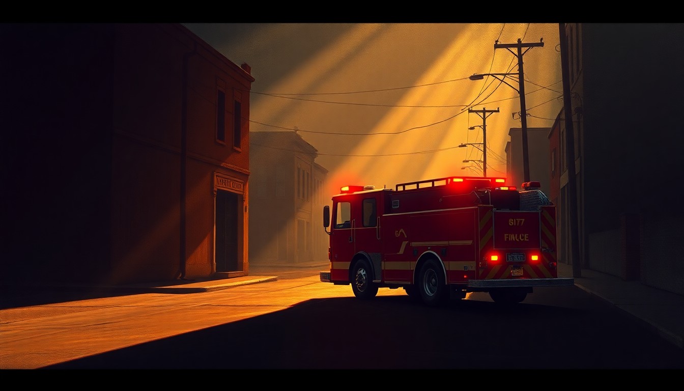 A photorealistic painting of a red fire engine parked on an empty city street, with warm sunlight casting long shadows across the pavement, conveying a sense of quiet contemplation and unease.