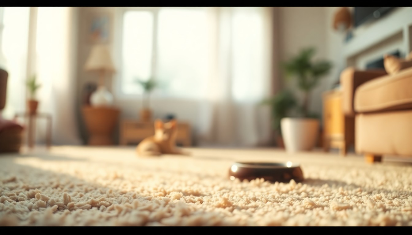 A blurred, atmospheric photograph of a cozy living room scene, with a plush carpet and a pet toy or bowl in the background, all captured in warm, hazy light, conceptually representing the unseen contaminants that can accumulate in carpets over time.