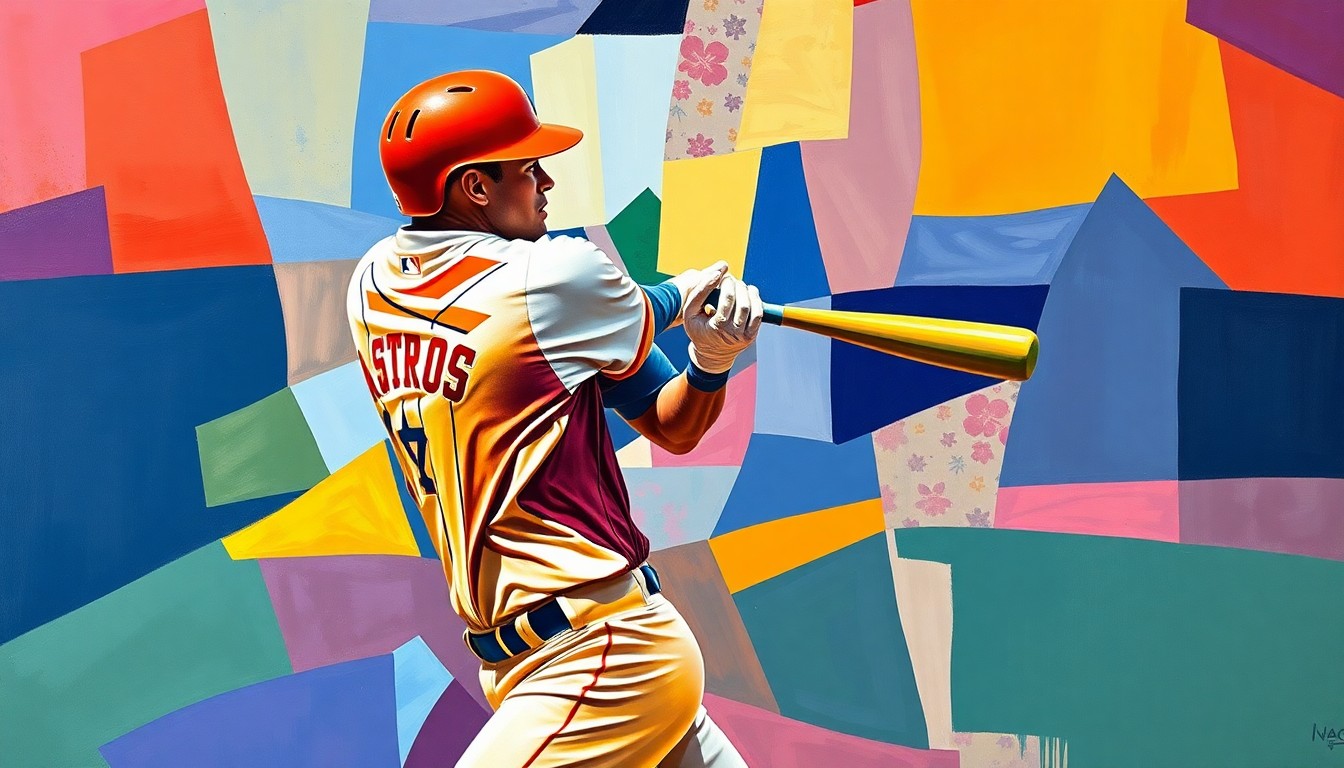 A cubist-style painting depicting a baseball player swinging a bat, broken down into fragmented, overlapping geometric shapes and planes in the team's colors, conveying the disruption and impact of an injury during a game.