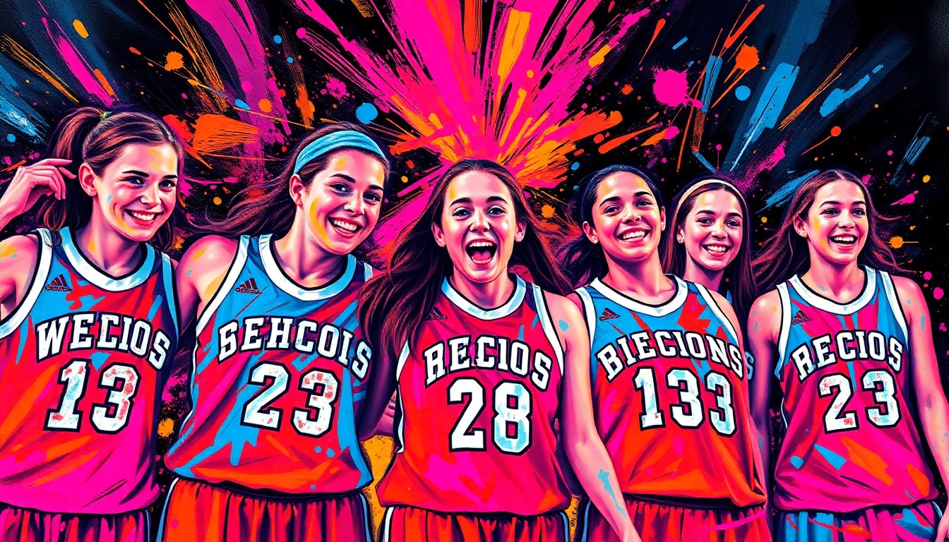 An abstract, expressionist painting in vibrant neon colors, capturing the raw energy and celebratory spirit of a high school girls' basketball team on Senior Night.