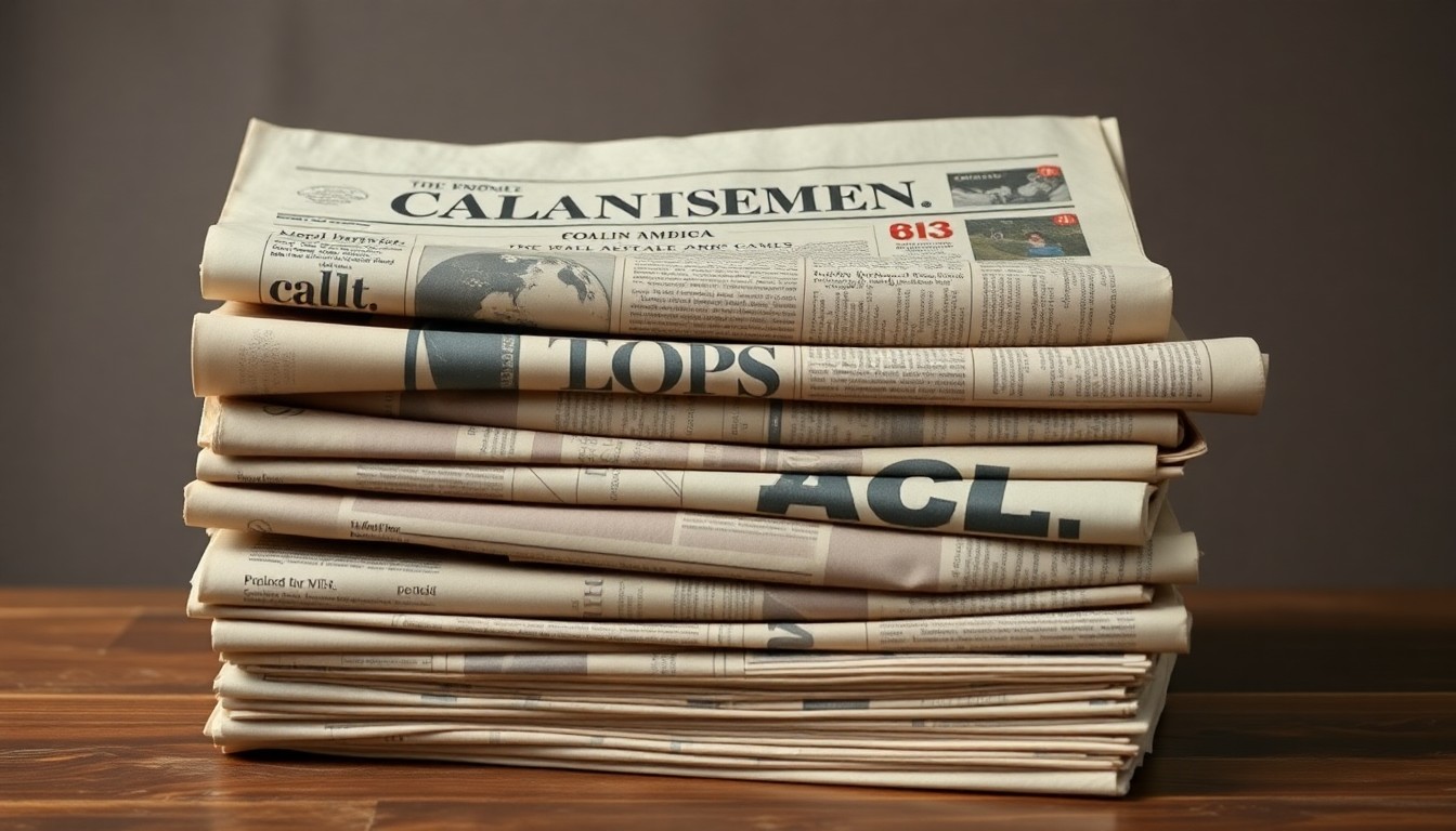A photorealistic studio still life of a stack of old newspapers in muted earth tones, symbolizing the decline of local print media.