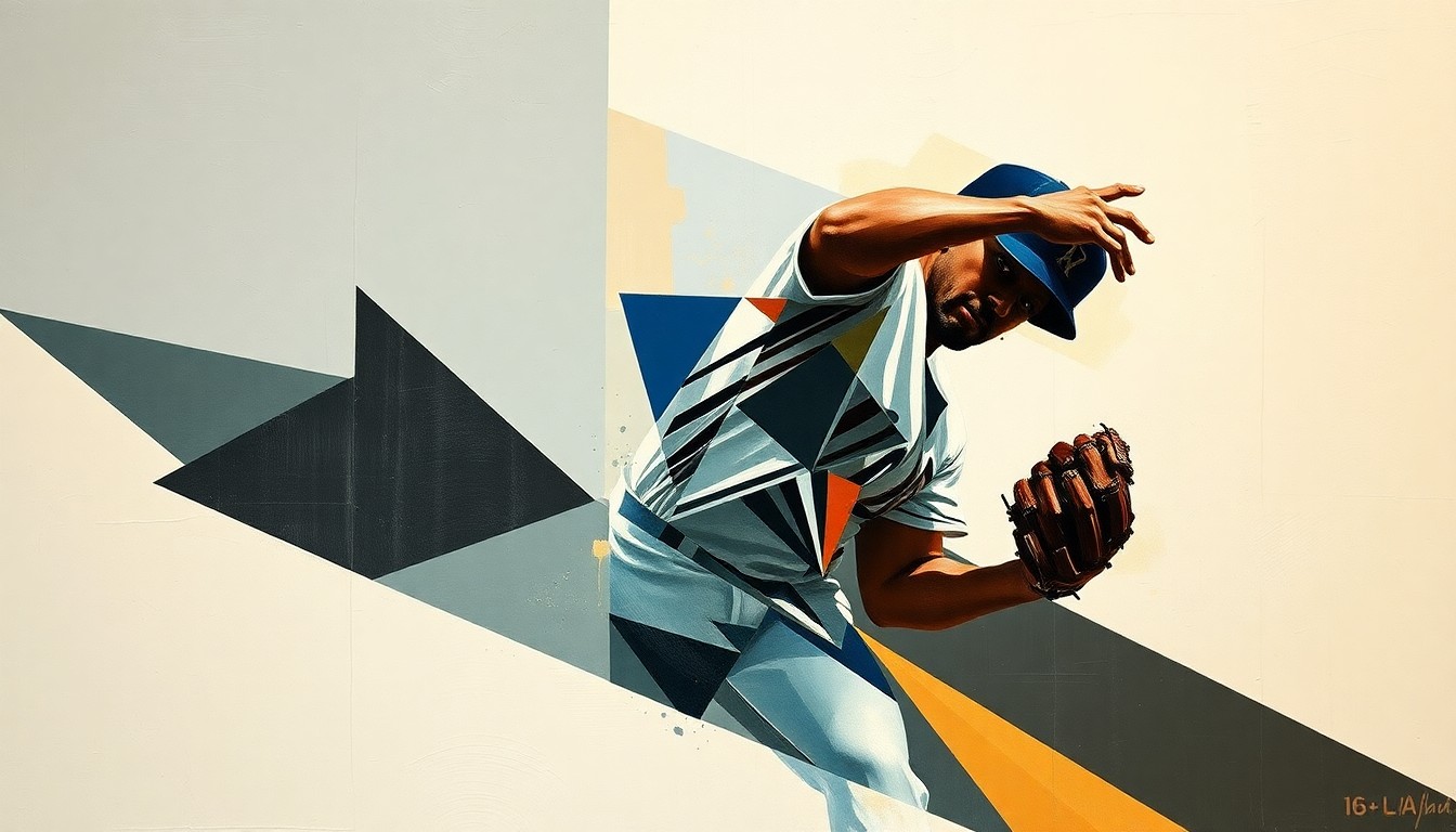 A fragmented, geometric painting depicting a baseball pitcher's throwing motion broken down into sharp, overlapping planes in muted earth tones and blues, conceptually representing the challenges of recovering from season-ending Tommy John surgery.