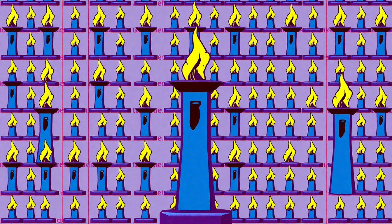 A highly stylized, silkscreen-inspired illustration featuring a repeating pattern of a striking carbon steel sculpture of an eternal flame, rendered in a bold, neon color palette that captures the powerful symbolism of the memorial.