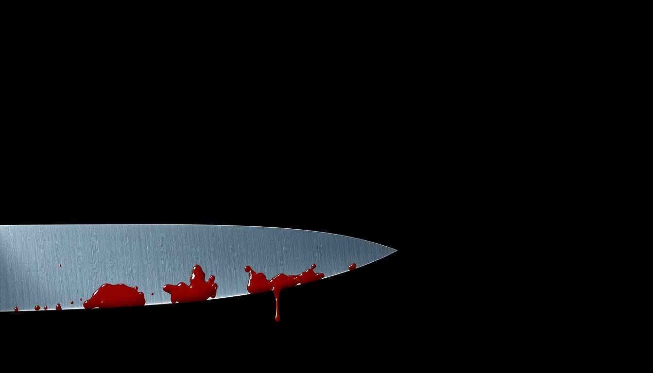 An extreme close-up of a bloody knife blade reflecting a harsh, direct camera flash, conveying the stark, gritty reality of a violent crime.