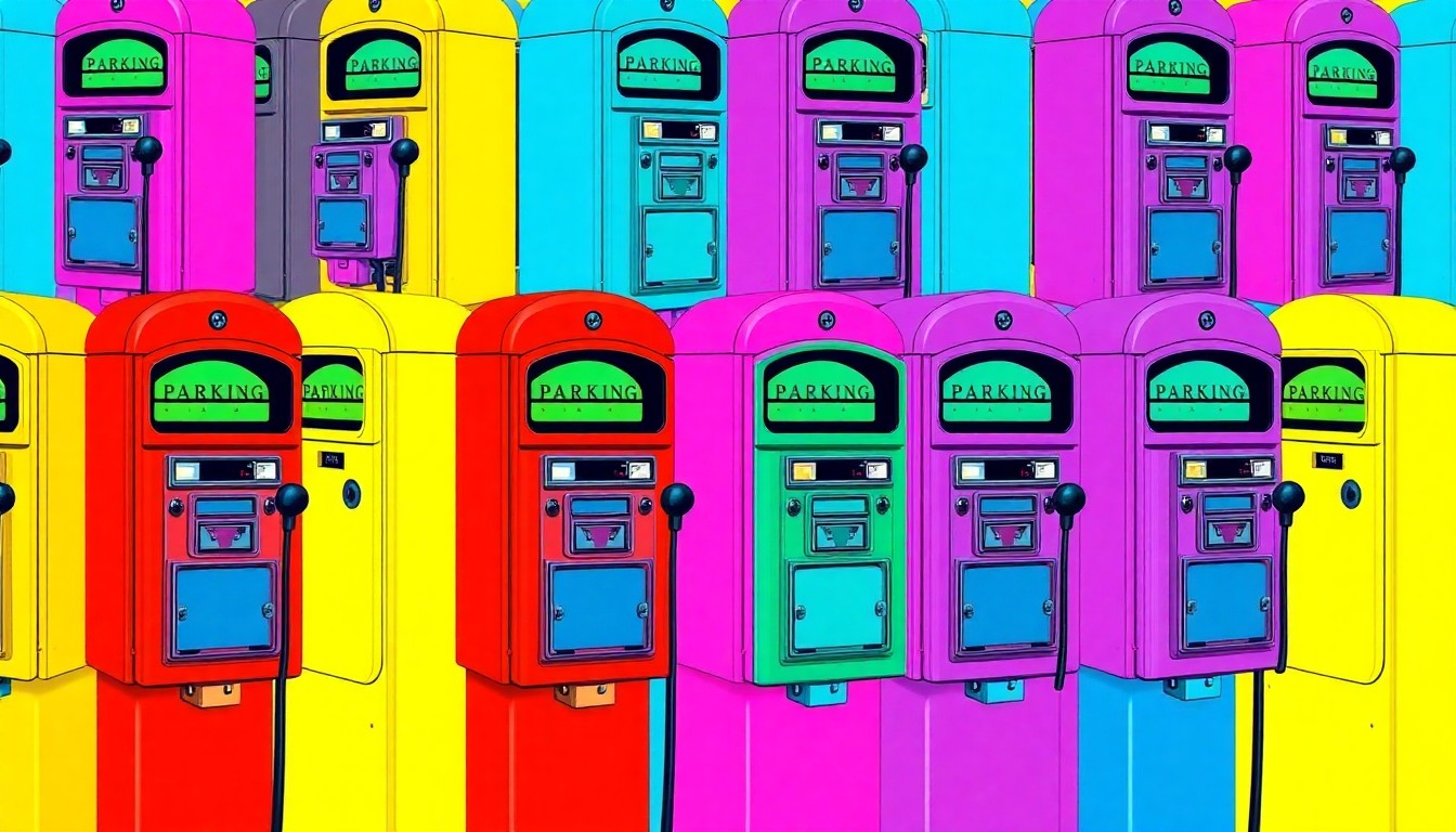 A vibrant, abstract grid of stylized parking meters in neon colors, conceptually representing the challenges of managing parking and traffic in a historic town center.