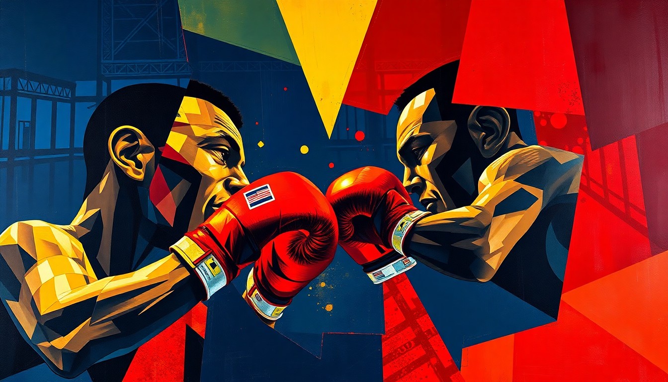 A fractured, multi-perspective painting depicting the intense action and physicality of a boxing match, with the fighters' bodies and movements broken down into sharp, overlapping geometric shapes and planes in a vibrant color palette, conveying the raw energy and competitive spirit of the upcoming title fight.