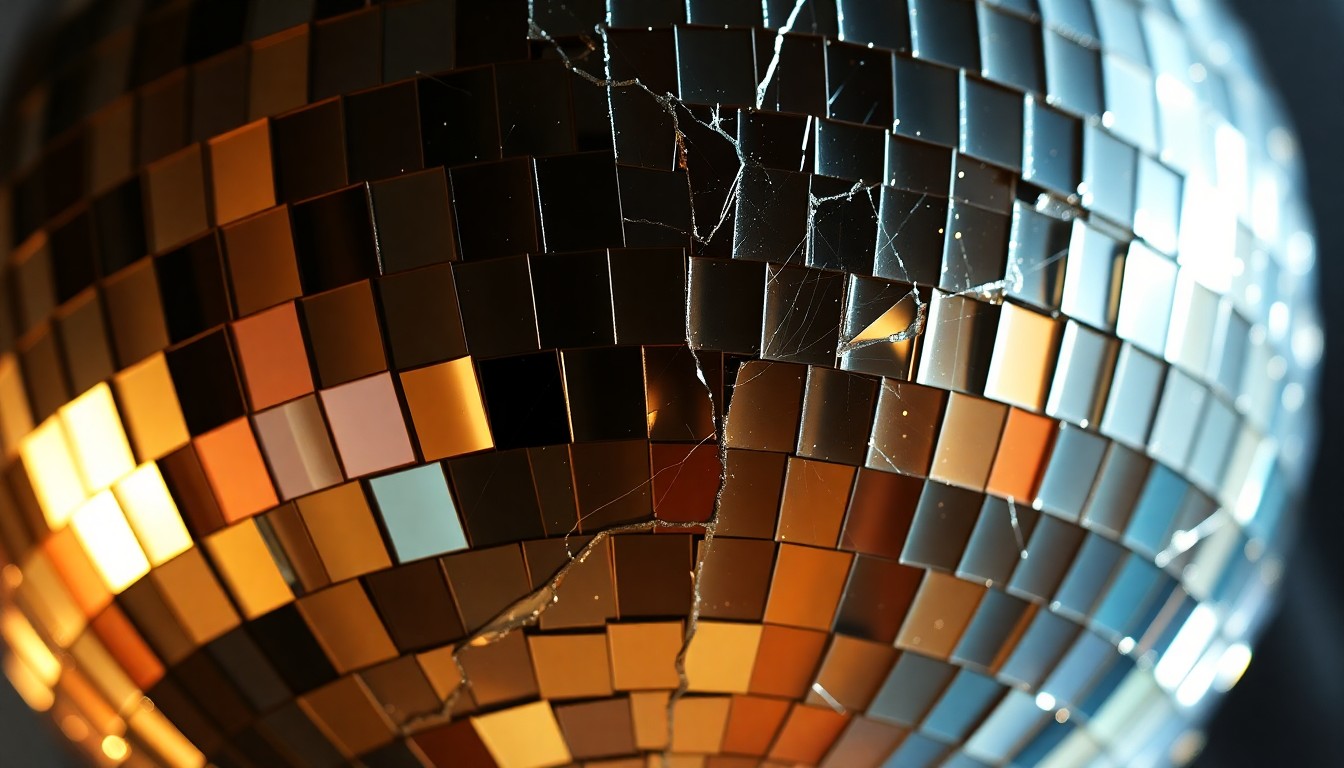 An extreme close-up of a cracked, glittering disco ball reflecting shards of light, conceptually representing the emotional vulnerability expressed in the new country song.