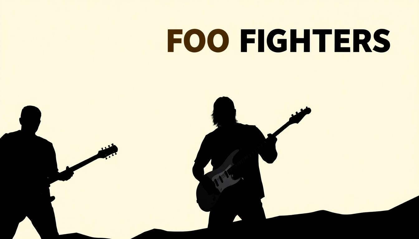 A minimalist, abstract illustration featuring bold black silhouettes of musical instruments and shapes against a vibrant red background, conceptually representing the Foo Fighters' new music.