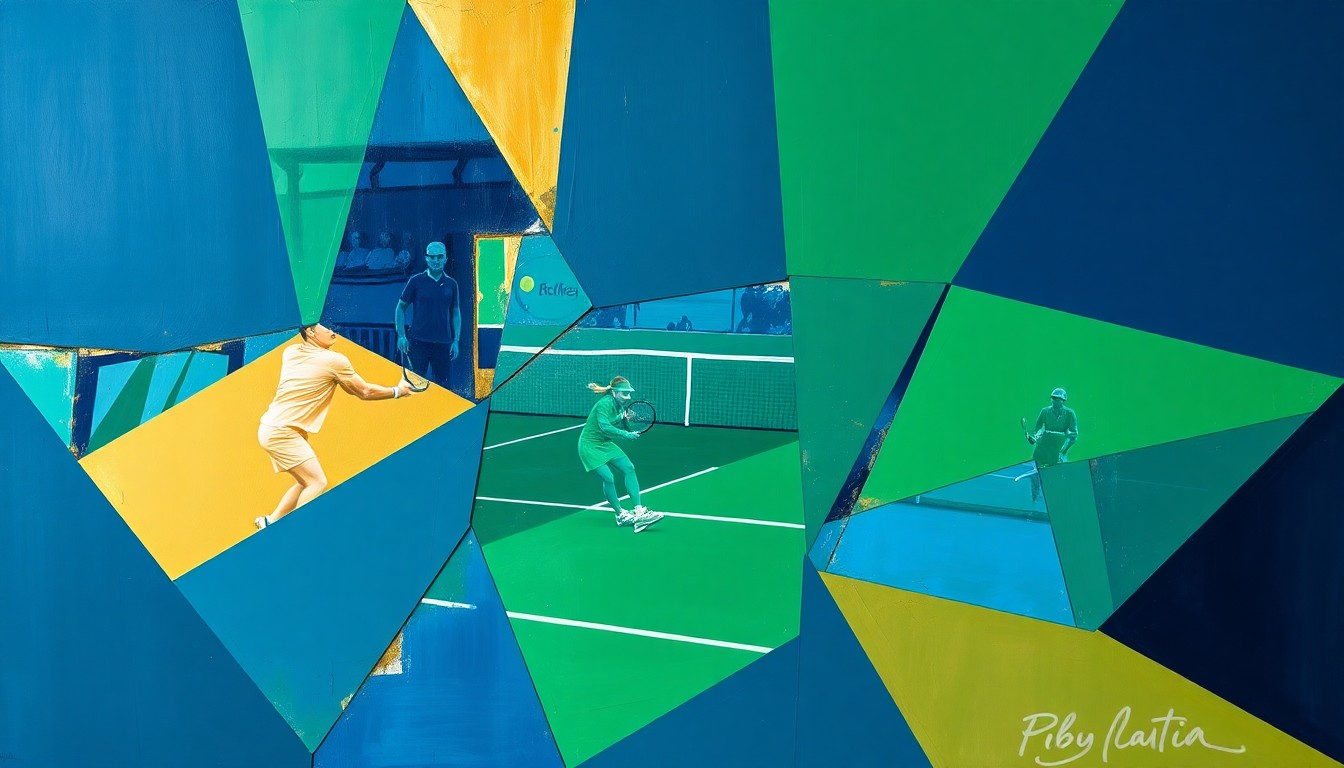 A cubist-style painting depicting a women's tennis match broken down into sharp, overlapping geometric shapes in navy, green, and gold, conveying the dynamic energy and competitive spirit of the sport.