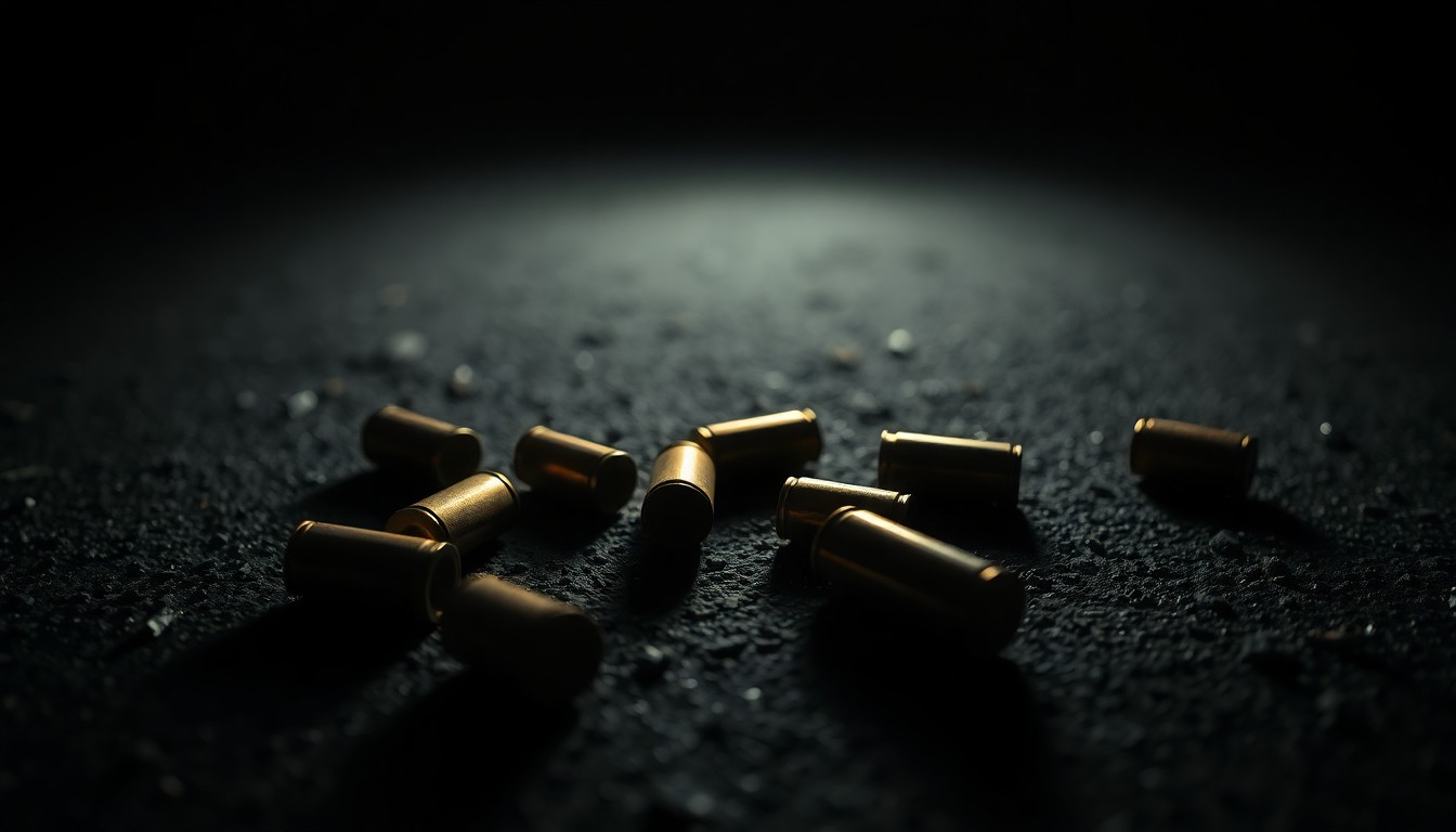 An extreme close-up of several metallic bullet casings on a dark surface, conveying the serious, investigative nature of a crime scene without depicting any violence.