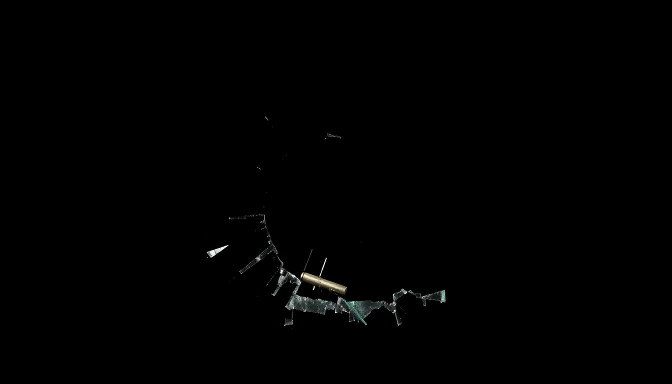 An extreme close-up photograph of a shattered car window or bullet casing against a pitch-black background, lit by a harsh camera flash, conceptually representing the aftermath of a school shooting without depicting any violence or victims.