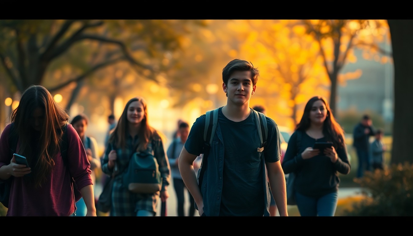 An extremely abstracted, out-of-focus photograph of a group of high school students walking on a college campus, with soft pools of warm light and color creating an atmospheric, dreamlike scene that captures the exploratory spirit of the experience.