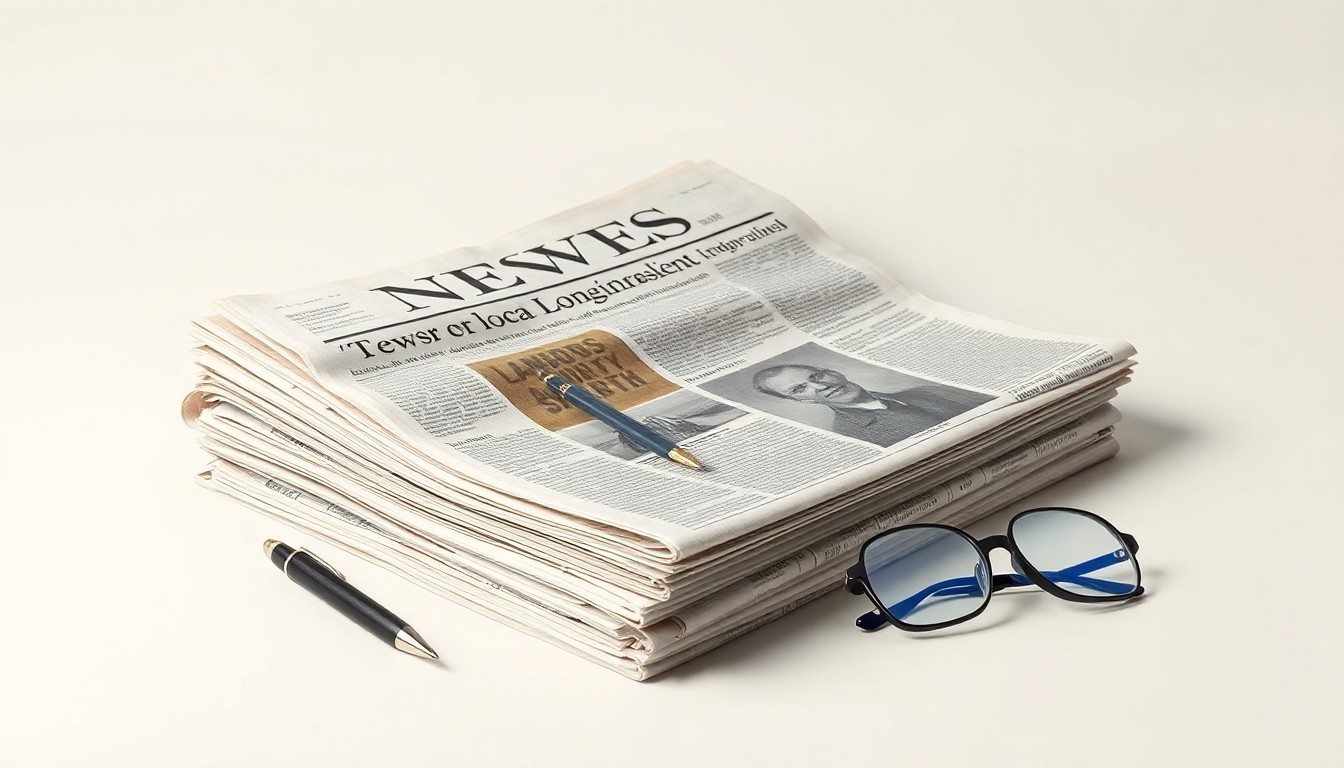 A photorealistic studio still life featuring a stack of old newspapers, a pen, and a pair of reading glasses on a clean, monochromatic background, symbolizing the changing landscape of local journalism.