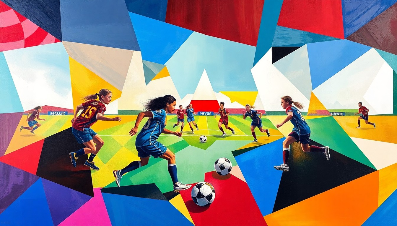 A fragmented, geometric painting in vibrant colors depicting the action and energy of a girls soccer match between two rival teams.