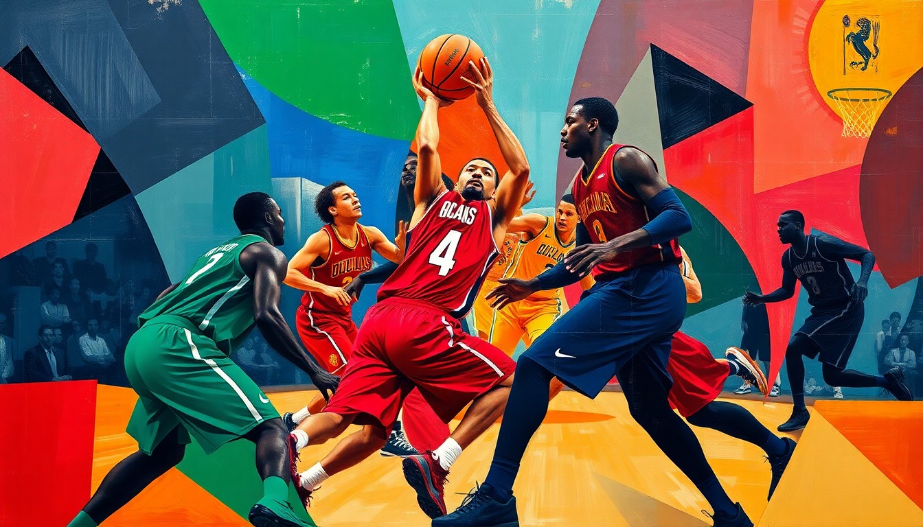 A cubist, geometric painting depicting the abstracted figures of basketball players in motion, with overlapping planes of navy, emerald, and crimson colors creating a dynamic, fragmented visual representation of the sport.
