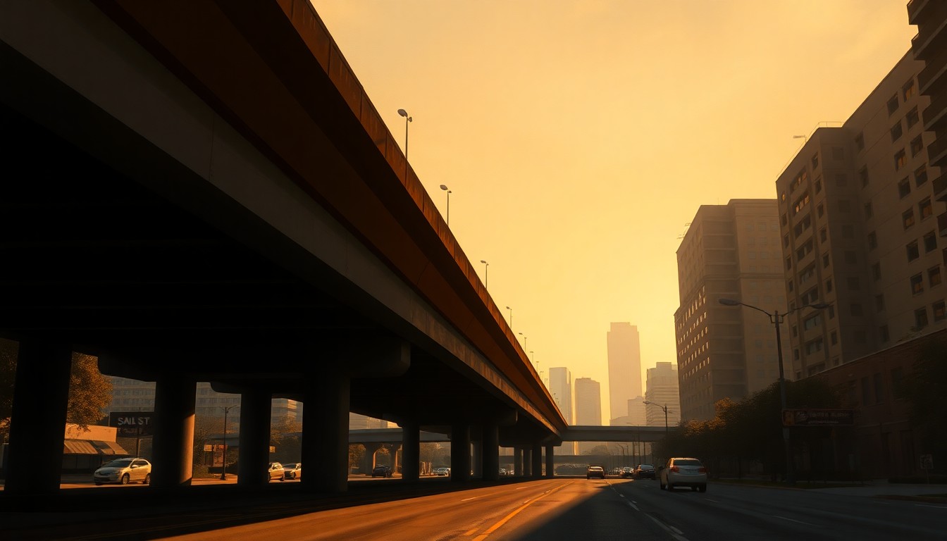 A serene, cinematic painting depicting the Jefferson Boulevard viaduct in downtown Dallas, with the city skyline visible in the background. The viaduct is the central focus, bathed in warm, diagonal sunlight and deep shadows, conveying a sense of the structure's importance to the urban landscape.