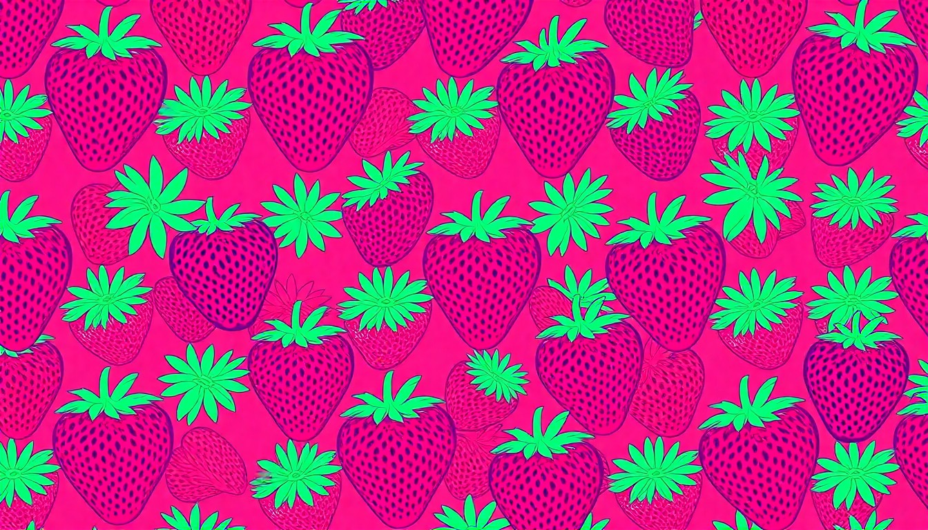 A brightly colored, high-contrast silkscreen print of a single, iconic strawberry repeated in a tight grid pattern, utilizing flat, vibrant, and unnatural neon color palettes overlapping with heavy black photographic outlines to turn the everyday fruit into modern pop art.