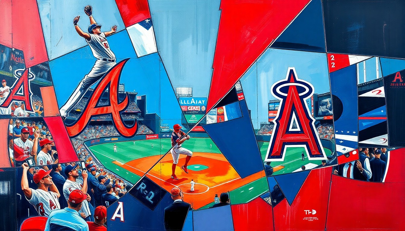 A fractured, cubist-style painting featuring overlapping geometric shapes and planes in the Braves' navy blue and red colors, as well as the Angels' red and white, conveying the intensity and movement of a baseball game between the two teams.