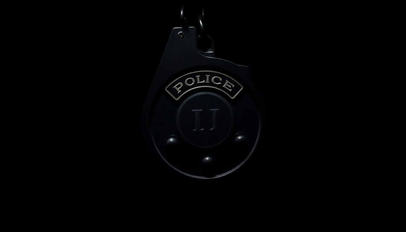 An extreme close-up photograph of a police badge or handcuffs, lit by a harsh, direct camera flash against a pitch-black background, conceptually illustrating the serious, investigative nature of the allegations against the officers.