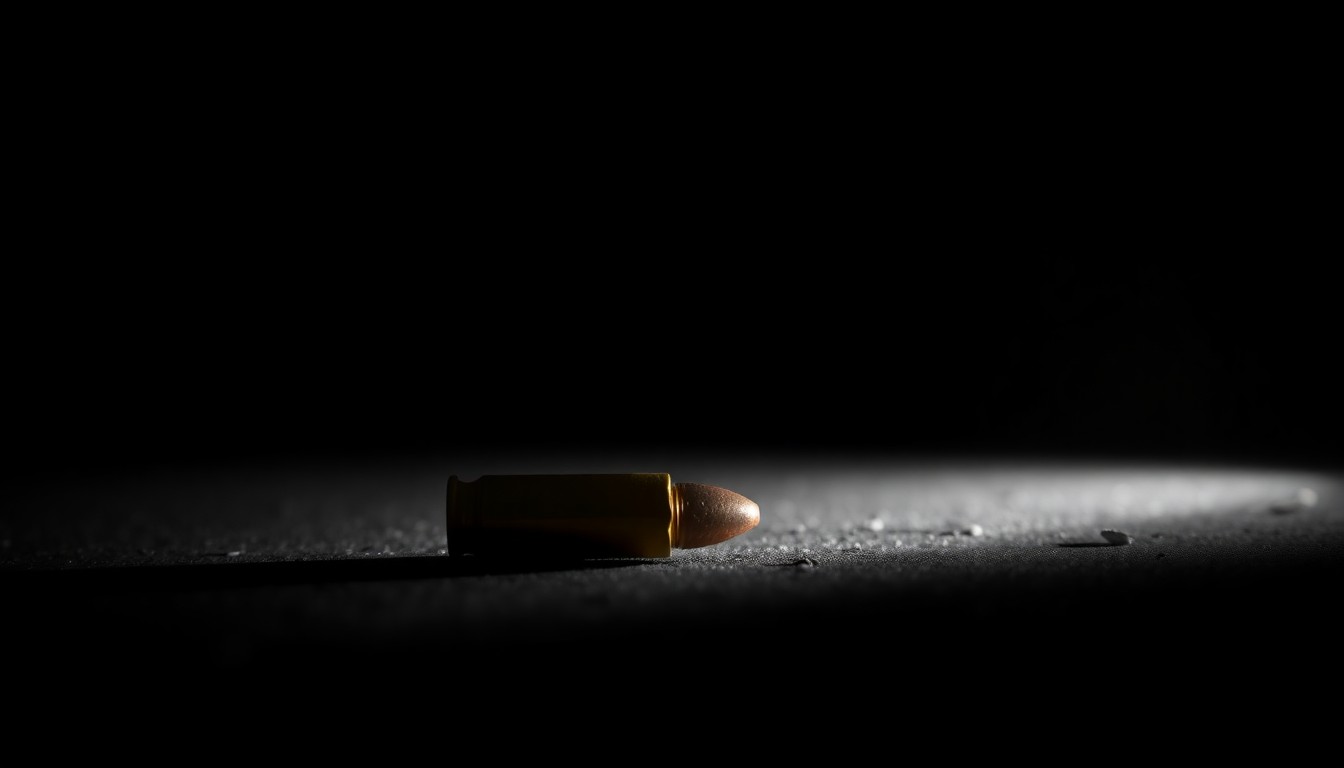 An extreme close-up photograph of a single spent bullet casing on the ground, reflecting a harsh, direct camera flash in the darkness, conceptually illustrating the aftermath of a deadly shooting incident.