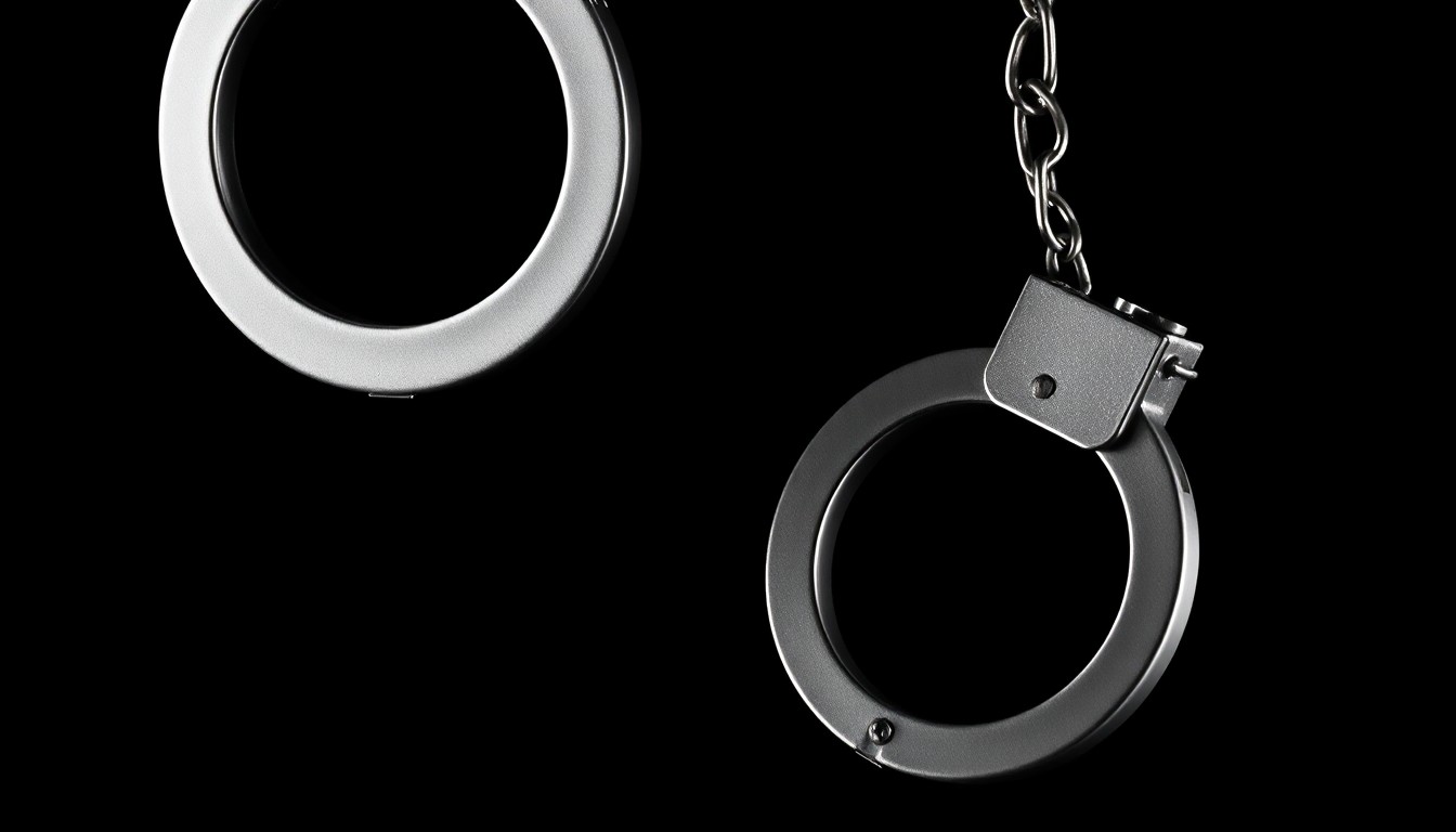 An extreme close-up of metal handcuffs against a dark background, conceptually illustrating the apprehension of a fugitive.