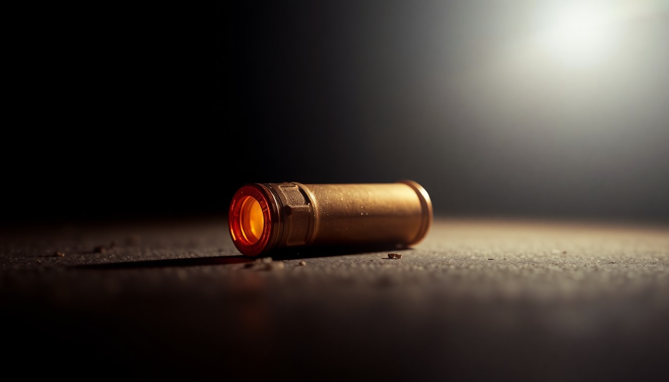 An extreme close-up photograph of a single spent shell casing on a dark surface, conceptually illustrating the aftermath of a shooting incident.