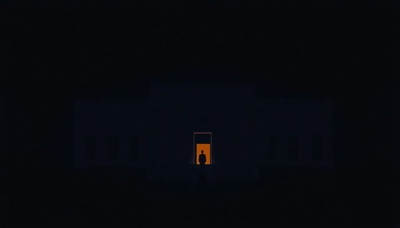 A dimly lit, cinematic painting of a solitary government building at night, with a lone figure standing in a doorway casting a long shadow, conceptually representing the weight of political decisions around capital punishment.