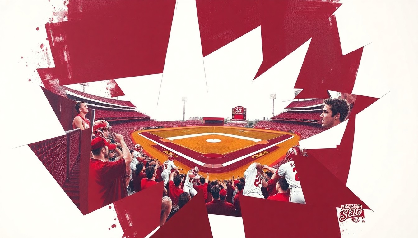 A cubist, geometric painting featuring overlapping planes of maroon and white, conceptually representing the induction of new members into Mississippi State's baseball Ring of Honor.