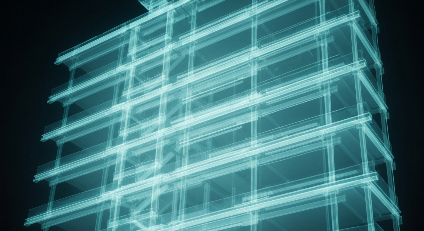 A translucent, ghostly X-ray photograph revealing the internal structure of a hospital building, with glowing blue-green lines representing the building's framework and medical equipment.