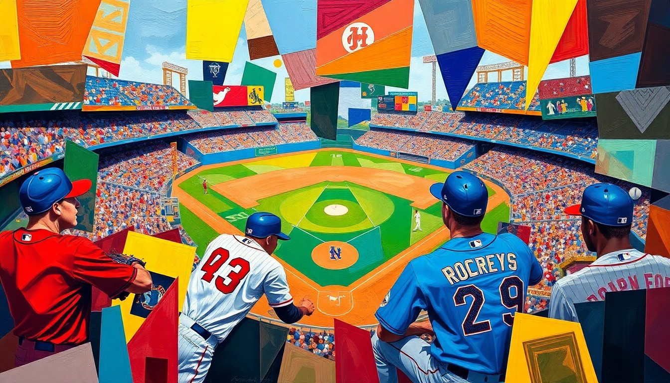 A cubist, geometric painting depicting a baseball game in motion, with sharp, overlapping planes of color representing the players and field of play.