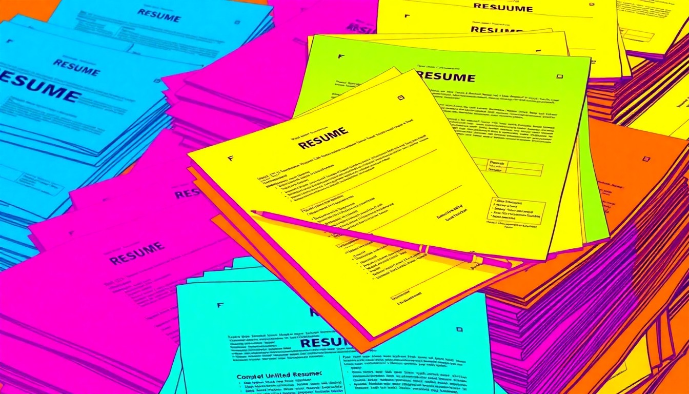 A brightly colored, high-contrast silkscreen print of a stack of resumes in various neon colors, repeated in a tight grid pattern to create a modern pop art representation of the job search process.