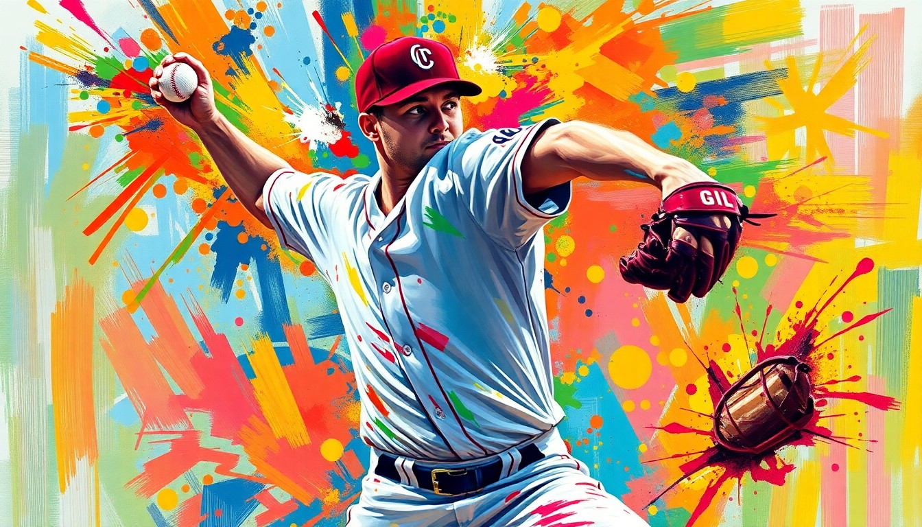 An abstract, expressionist painting in vibrant neon colors depicting the powerful motion of a baseball pitcher delivering a pitch, with the player's face and uniform details obscured by the energetic brushstrokes.
