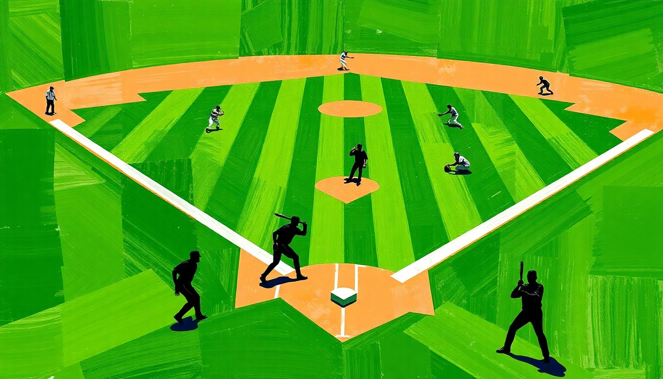 A fragmented, geometric painting depicting a baseball game in motion, with players' forms broken down into overlapping planes of color and shape.