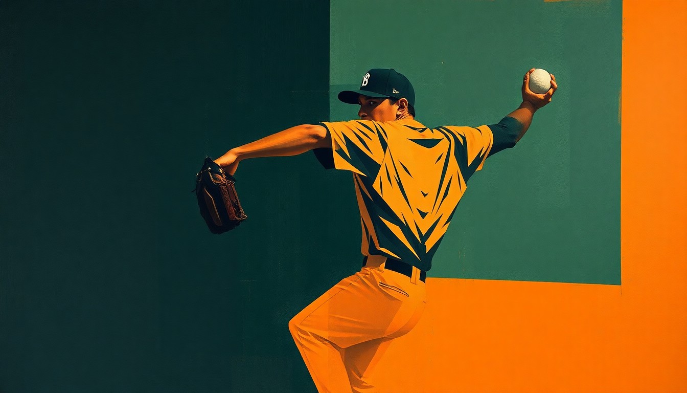 A cubist, geometric painting depicting a baseball pitcher's motion broken down into sharp, overlapping planes of navy, forest green, and burnt orange, conveying the fragmented state of the Orioles' pitching staff.