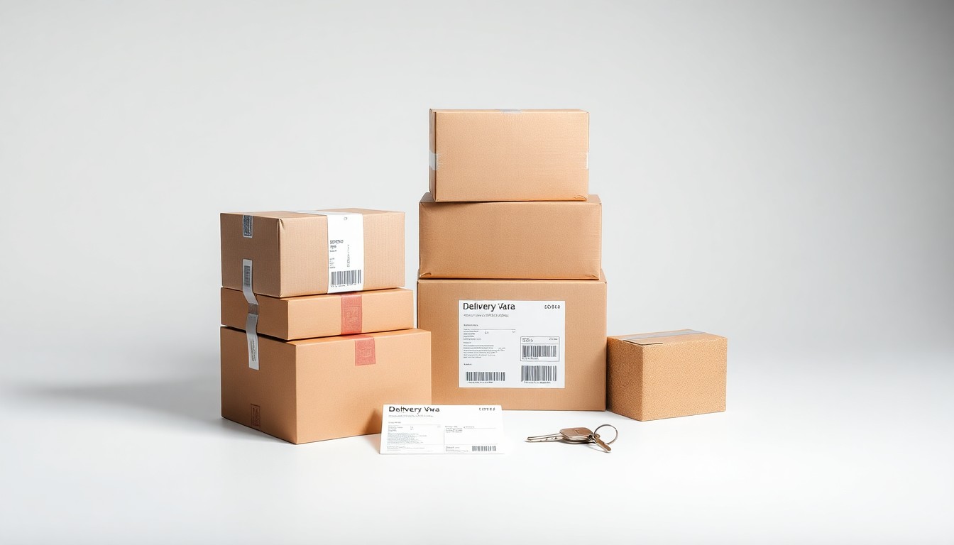 A high-end, photorealistic studio still-life photograph featuring a stack of cardboard delivery boxes, a shipping label, and a delivery van key, all arranged elegantly on a clean, white seamless background, conceptually representing the abstract corporate strategy and logistics behind e-commerce delivery.