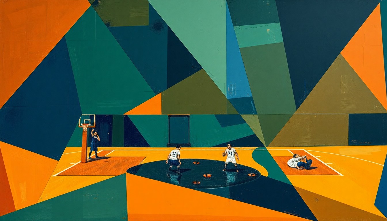 A cubist, geometric painting depicting a fragmented basketball game, with sharp planes of navy, green, and orange overlapping to create a dynamic, abstract composition.