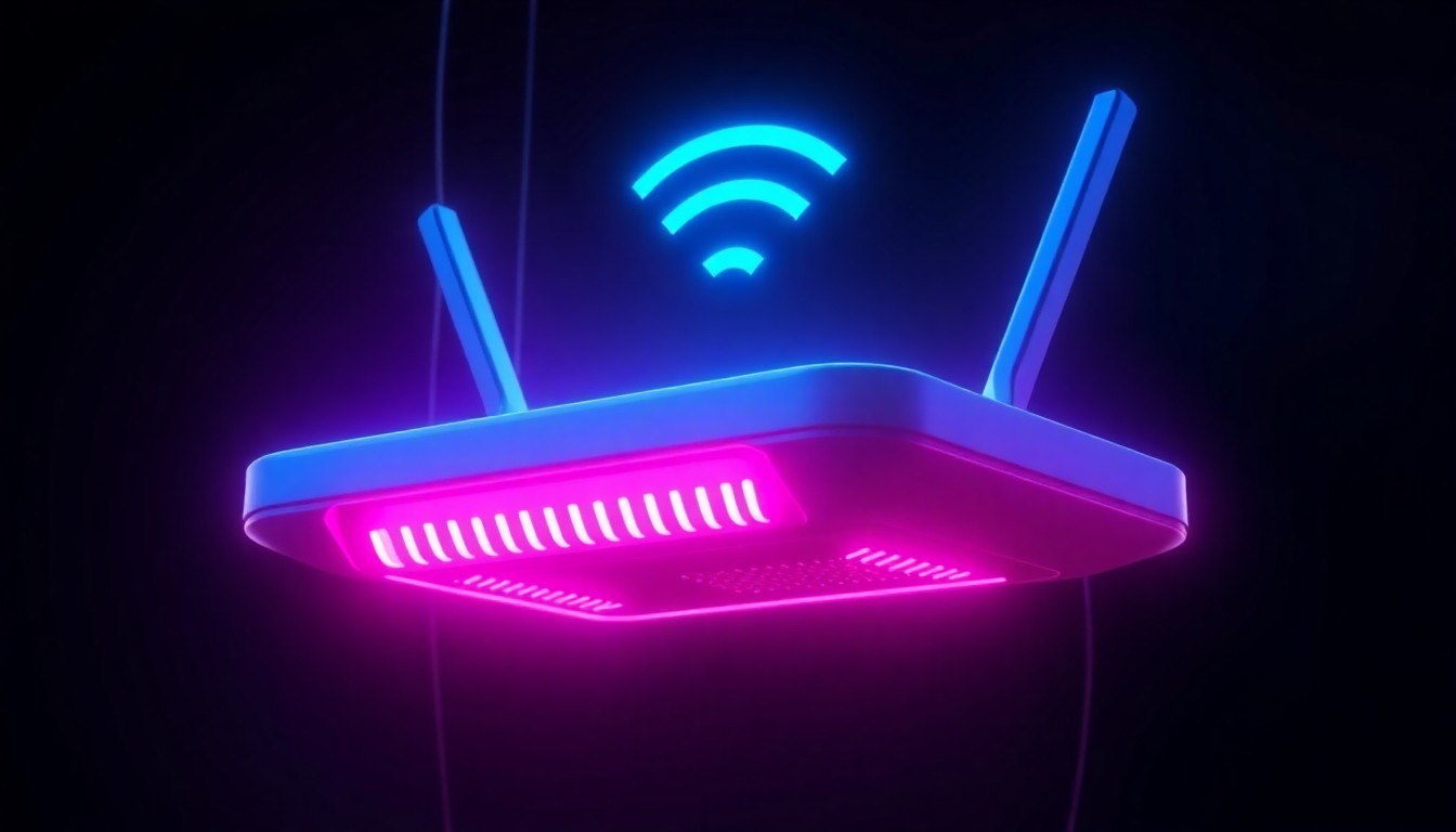 A glowing, high-tech 3D illustration of a futuristic Wi-Fi router or access point, with neon cyan and magenta lights, conceptually representing the expansion of digital infrastructure to connect historic sites and museums across the state of New Mexico.