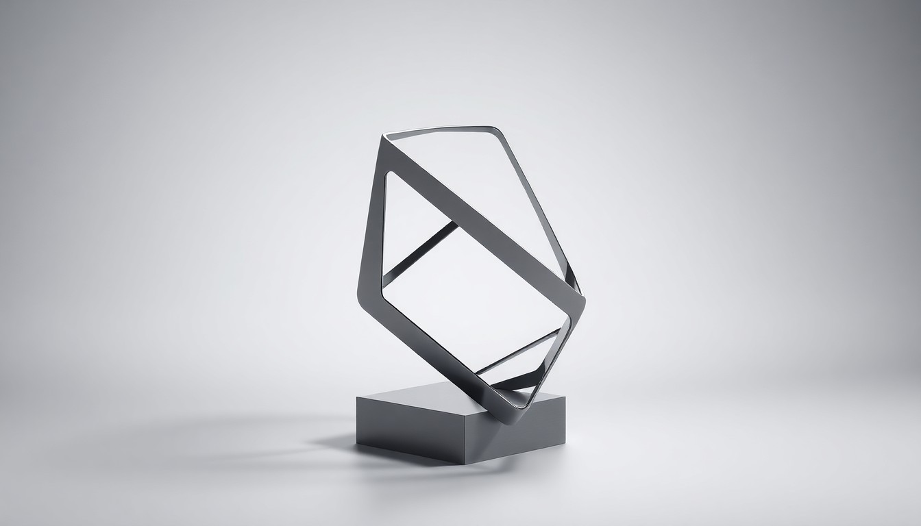 A highly polished, abstract metal sculpture in geometric shapes, representing the structural integrity and innovation of Simpson Strong-Tie's building products, arranged elegantly on a clean, monochromatic background and lit with dramatic studio lighting.