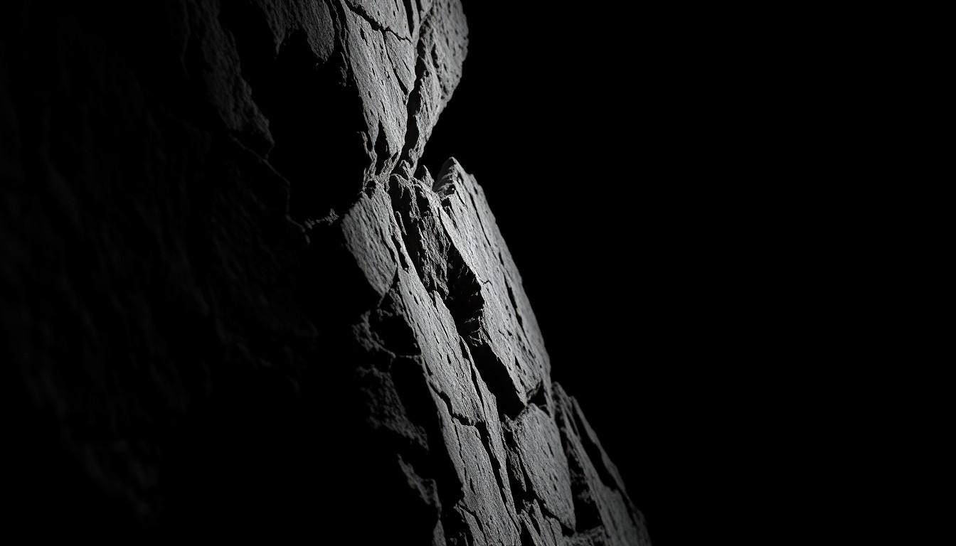 An extreme close-up photograph of a cracked and shattered rock face, lit by a harsh, direct camera flash against a pitch-black background, conceptually representing the violence and trauma of a cliffside attack.