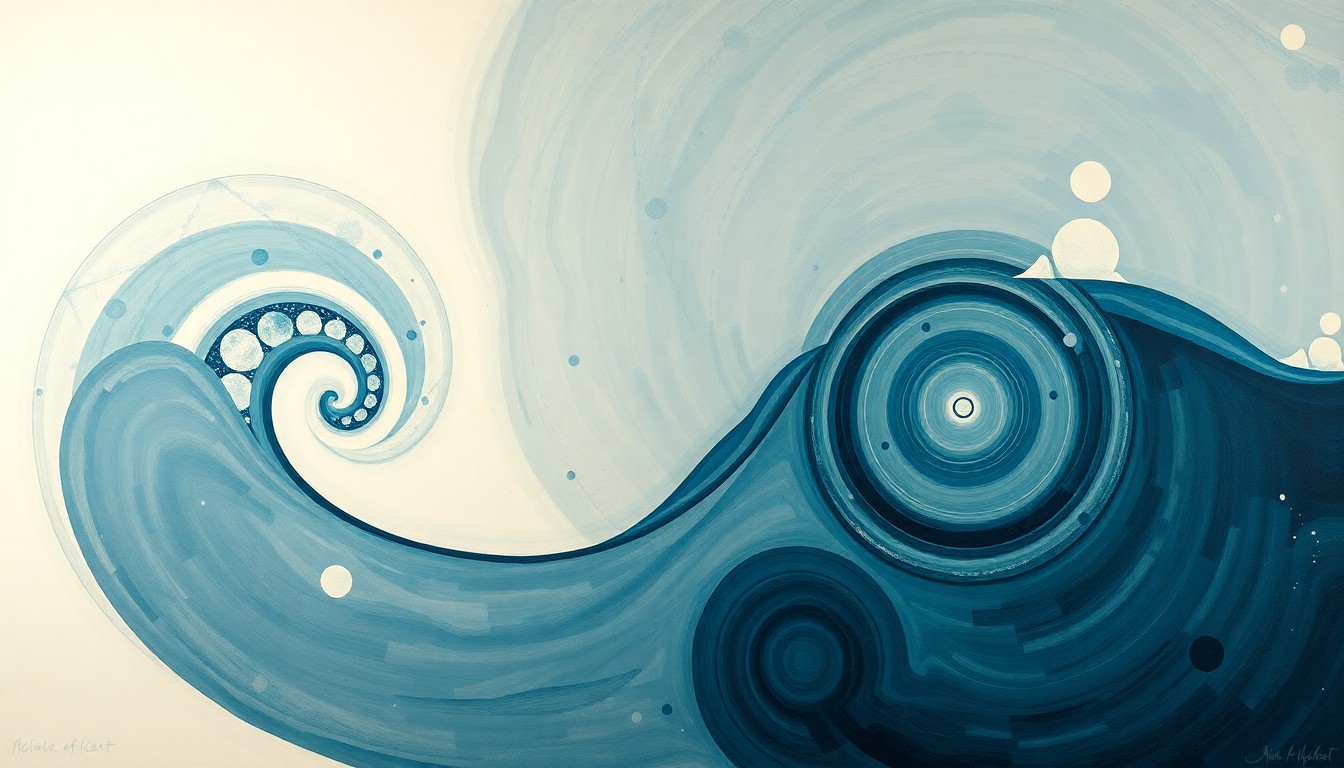 A highly structured abstract painting in muted tones of blue, green, and gray, featuring sweeping geometric arcs, concentric circles, and precise botanical spirals, conceptually representing the complex interconnected systems of the Arctic environment and the disruption to the gray whales' food chain.