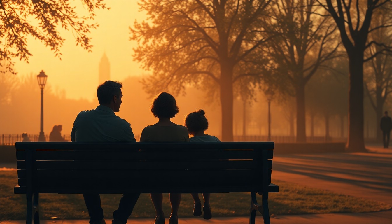 A serene, cinematic painting depicting a family sitting on a bench in a public park, with warm sunlight and deep shadows creating a contemplative mood that evokes the human impact of Longmont's homelessness challenges.