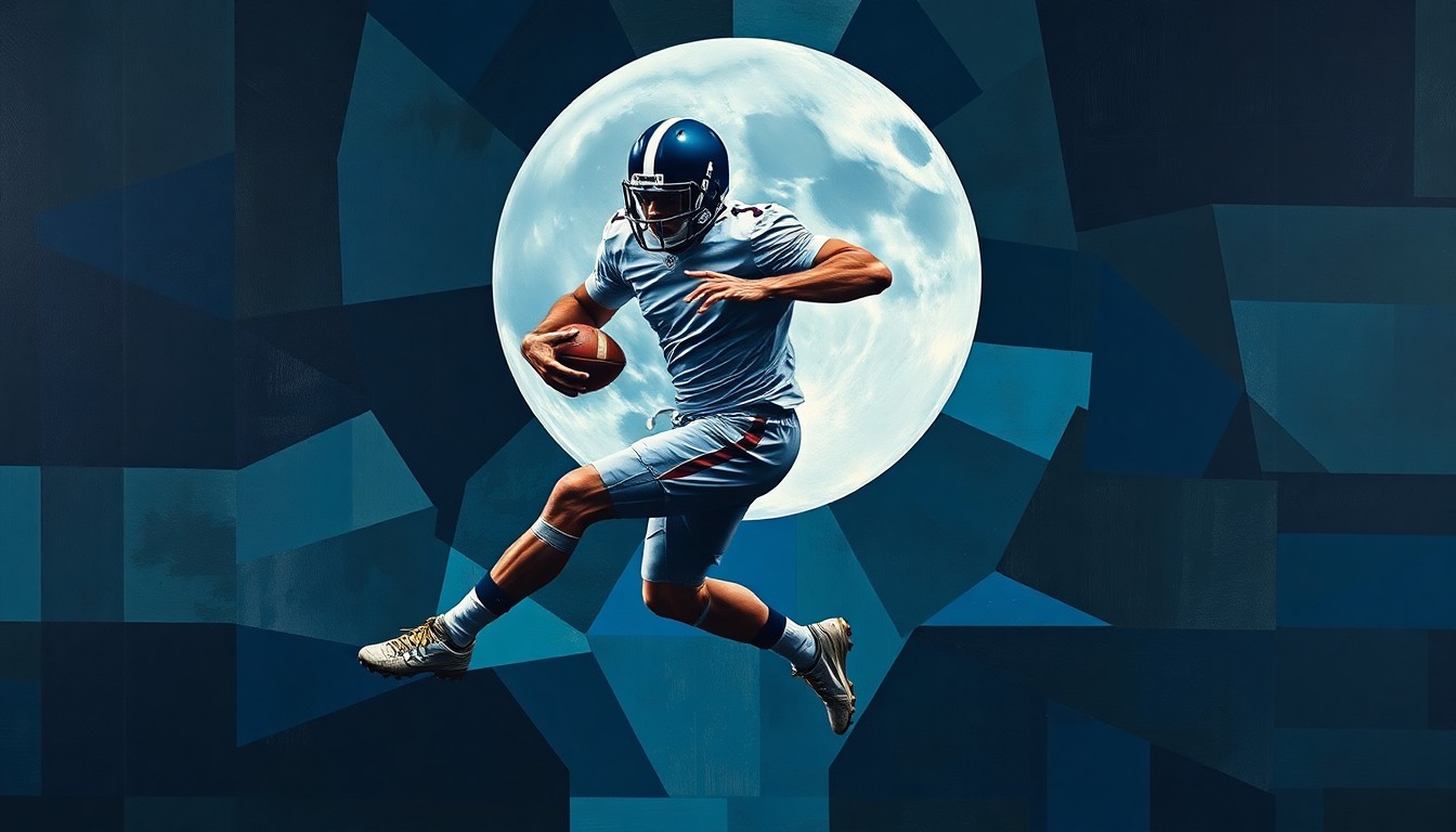 A cubist, geometric painting depicting a football player in mid-motion against a backdrop of the moon, with sharp, overlapping planes in shades of blue, gray, and metallic accents, capturing the conceptual connection between Kelce's tweet and the Artemis II mission.