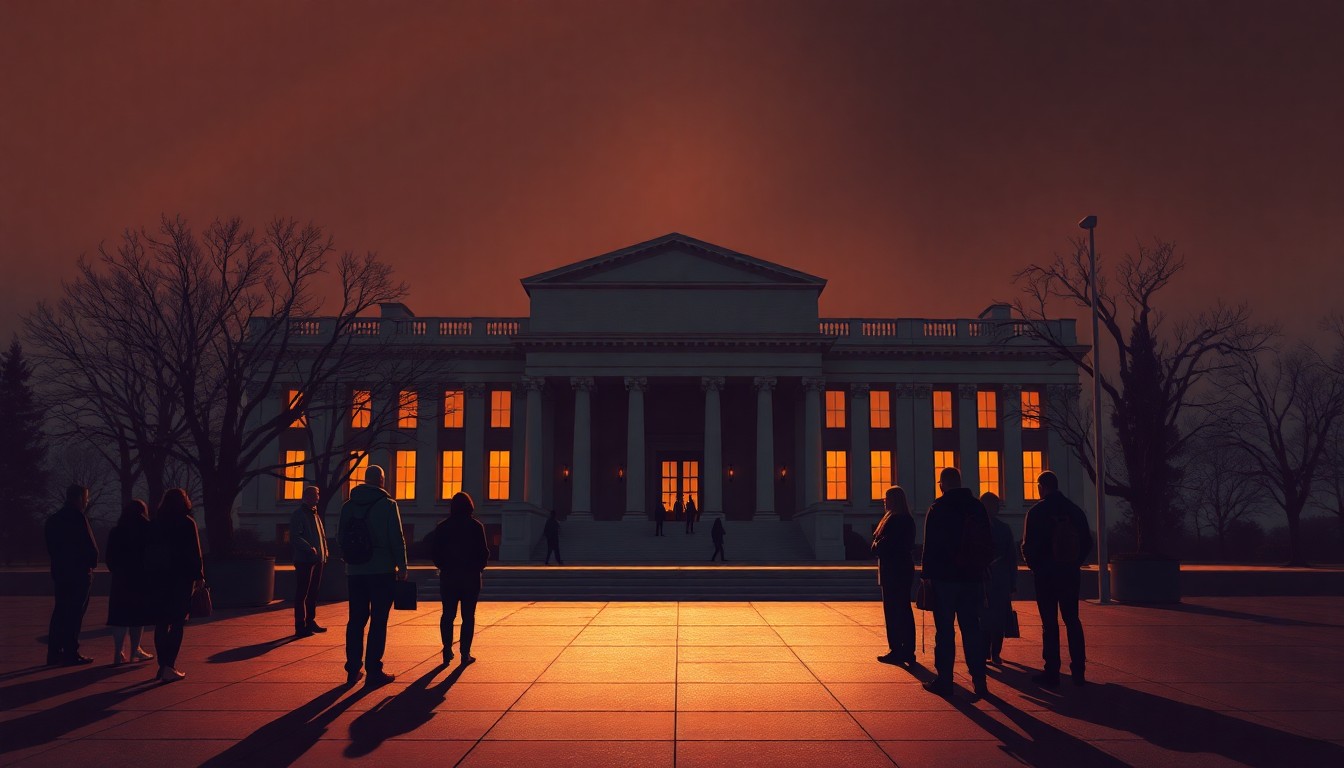 A serene, cinematic painting depicting a group of people standing silently in front of a government building, the scene bathed in warm, dramatic lighting that casts long shadows across the scene, conceptually representing the somber mood and civic engagement of the protest.
